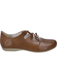 Brown leather shoe with rounded toe, lacing detail, and cut-out accents. Soft texture and lightweight design, featuring a low, flexible sole.