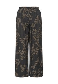 Black wide-leg pants with a gold leafy pattern, elastic waistband, and a lightweight texture, featuring a relaxed, flowing silhouette.
