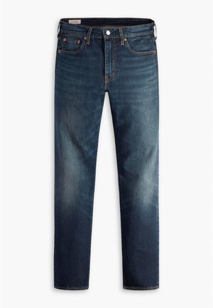 Jeans din denim de un albastru închis, cu un design drept, cinci buzunare și accente din hardware cupru. Zonele decolorate de pe picioare oferă un contrast de textură.