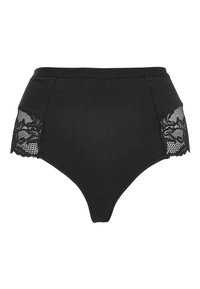 Hoge taille zwarte slipjes van een zachte stof met bloemengehaakte accenten aan de zijkanten, met een klassieke snit en zonder zichtbare naden.