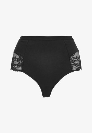 Hoge taille zwarte slipjes van een zachte stof met bloemengehaakte accenten aan de zijkanten, met een klassieke snit en zonder zichtbare naden.