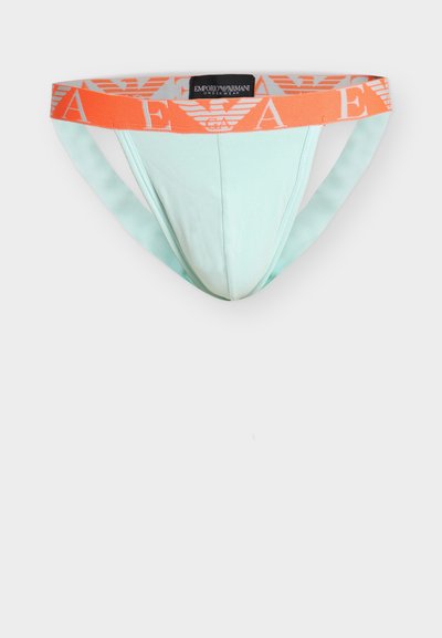 Φωτεινό μπλε ανδρικό suspensorium με φαρδύ πορτοκαλί ελαστικό κορδόνι που φέρει το λογότυπο και το όνομα της μάρκας Emporio Armani σε λευκό.