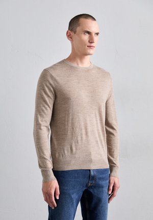 Lyse beige crewneck sweater lavet af blødt strikket stof, med lange ærmer og en tætsiddende pasform, parret med mørke denim jeans.