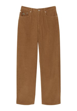 Corduroy pants in a warm brown color, featuring a straight leg design, subtle ribbed texture, and a green logo on the front pocket.