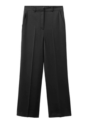 Pantalones negros de pierna ancha hechos de tela suave, con parte delantera plana, dos bolsillos laterales y un diseño limpio y a medida.