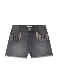 Shorts in denim grigio con orli frangiati, dotati di due tasche frontali decorate con accenti di perline metalliche. Taglio classico, stile casual.