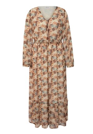 Abito maxi floreale in tessuto leggero con scollatura a V, maniche lunghe e vita elasticizzata. I colori includono motivi beige, marrone e blu.