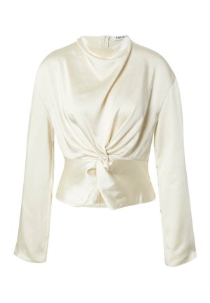 Cremfarbener Satin-Oberteil mit langen Ärmeln, Stehkragen, gedrehtem Knoten-Detail an der Taille und glatter, glänzender Oberfläche. Reißverschluss auf der Rückseite.