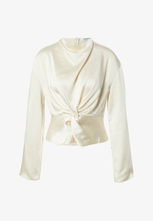 Cremfarbener Satin-Oberteil mit langen Ärmeln, Stehkragen, gedrehtem Knoten-Detail an der Taille und glatter, glänzender Oberfläche. Reißverschluss auf der Rückseite.