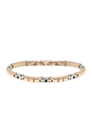 Bracciale in oro rosa con accenti metallici, link alternati lisci e texture, con piccole gemme nere integrate in diverse sezioni.