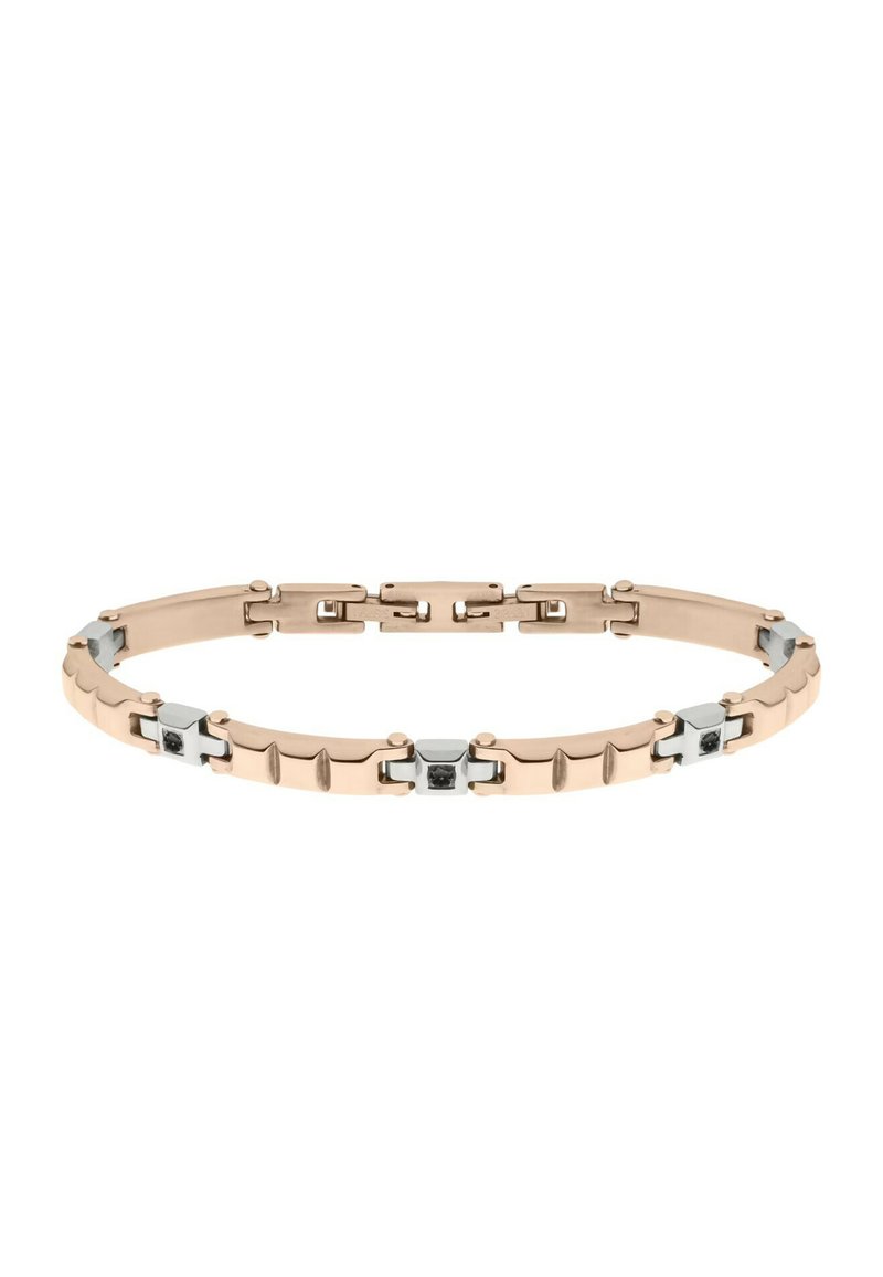 Bracciale in oro rosa con accenti metallici, link alternati lisci e texture, con piccole gemme nere integrate in diverse sezioni.