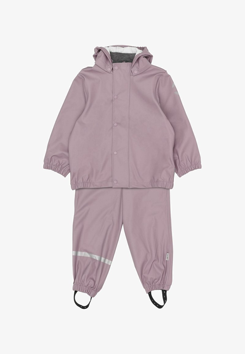 Ensemble veste et pantalon de pluie imperméables pour enfants en violet clair, avec poignets élastiques, capuche et bande réfléchissante sur la jambe du pantalon pour la sécurité.