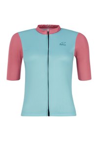 Kraťasová cyklistická dres s tělem v světle modré barvě a růžovými krátkými rukávy, s předním zipem a logem. Vyrobeno z prodyšné tkaniny.