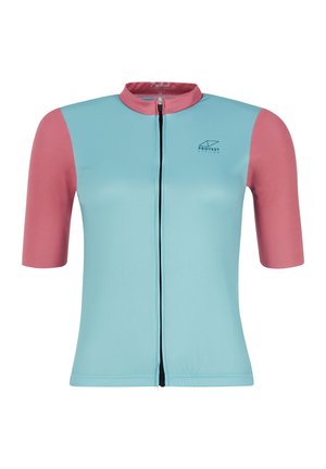 Korte mouwen fietsshirt met een lichtblauwe body en roze korte mouwen, vooraan met rits en logo. Gemaakt van ademend materiaal.