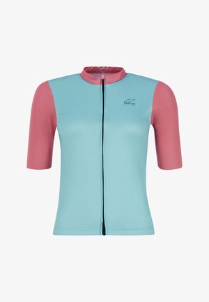 Koszulka kolarska z krótkim rękawem, z lżejszym niebieskim korpusem i różowymi krótkimi rękawami, z zamkiem błyskawicznym z przodu oraz logo. Wykonana z oddychającego materiału.