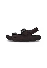Sandalina marrone scuro in morbido cuoio, con tre cinturini regolabili, un cinturino posteriore e una suola in gomma texturizzata. Design leggero.