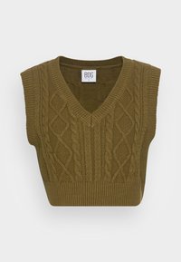 Olive green cable knit sleeveless sweater vest with V-neck and ribbed hem, featuring a small white brand label inside the collar.