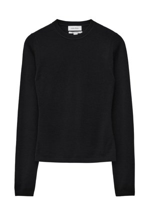 Schwarzer langärmliger Pullover mit Rundhalsausschnitt, aus einem weichen Stoff, mit figurbetontem Schnitt und nahtlosen Schultern. Keine sichtbaren Muster.