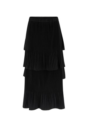 Jupe midi noire à plusieurs couches avec tissu plissé et taille élastique, dotée de deux volants superposés pour plus de volume et de texture.