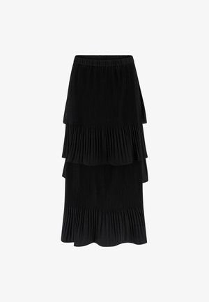 Jupe midi noire à plusieurs couches avec tissu plissé et taille élastique, dotée de deux volants superposés pour plus de volume et de texture.