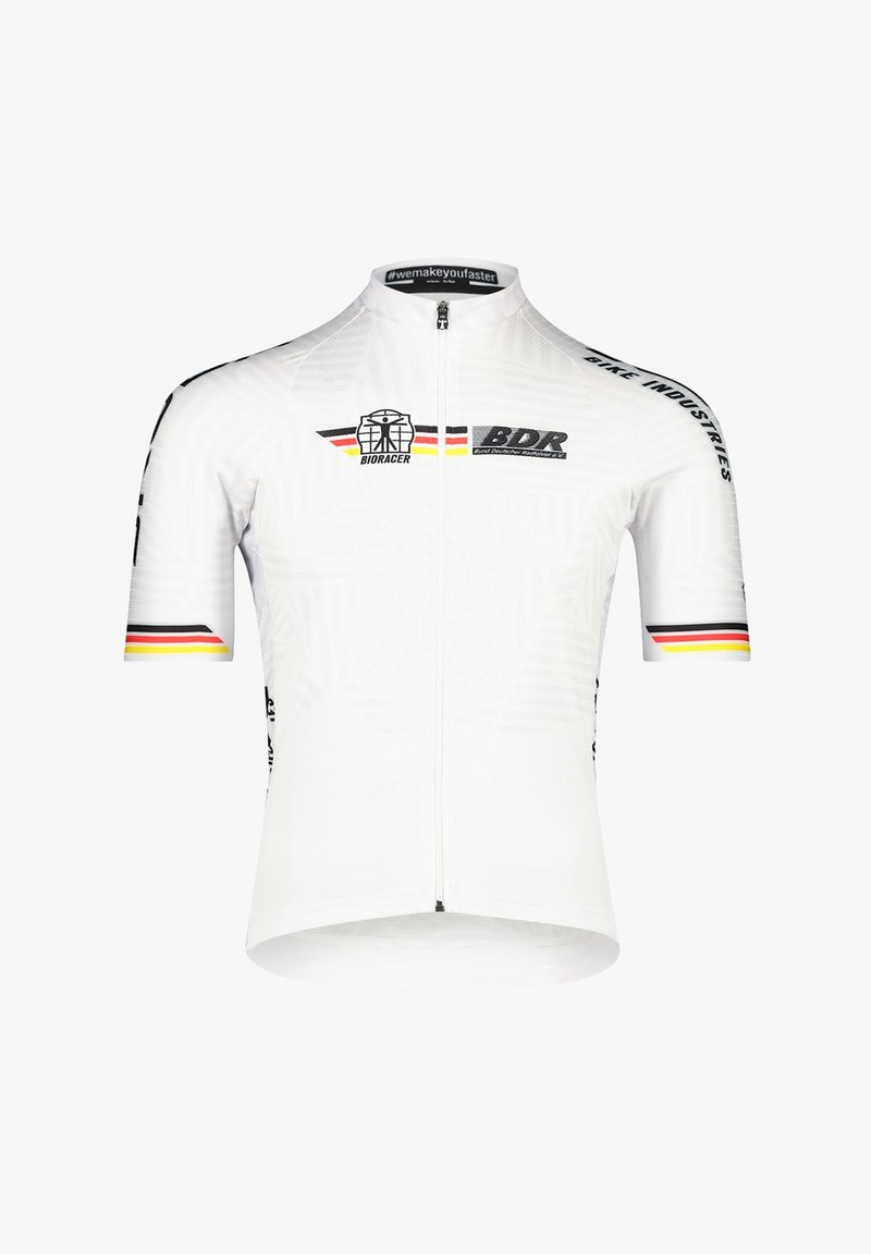 Maillot de cyclisme blanc à manches courtes, avec fermeture éclair à l'avant, accents noirs et rayures multicolores. Présente le logo Bioracer et un tissu texturé.