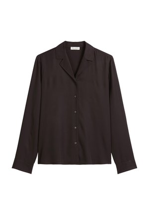 Black long-sleeve shirt made of smooth fabric, featuring a classic collar, front button closure, and subtle sheen.