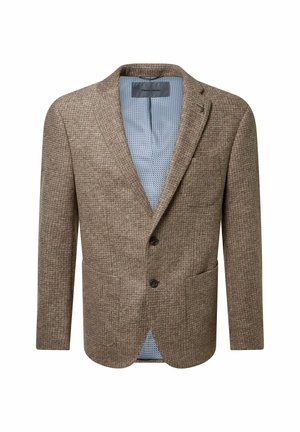 Brauner, strukturierten Zweiknopf-Blazer mit Reverskragen, zwei Fronttaschen und hellblauer gemusterter Innenfutter.