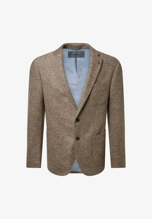 Brown textured two-button blazer with notch lapel, two front pockets, and light blue patterned inner lining.