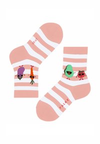 Baumwoll-Sneakersocken in pink mit weißen Streifen. Mit verspielten Gemüsedesigns in Grün, Orange und Lila. Markenlogo sichtbar.