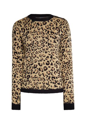 Lepelprint trui in beige en zwart; gebreid materiaal met geribbelde zwarte manchetten en halslijn; heeft een zachte textuur.