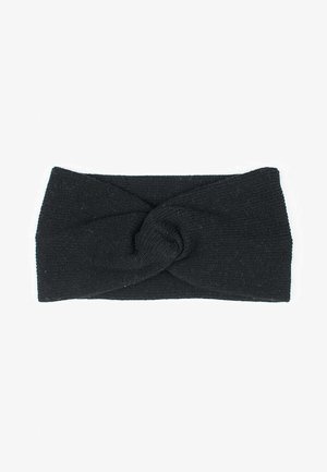 Diadema de punto negra con un diseño torcido en la parte frontal. Textura suave y material elástico, adecuado para brindar calidez y comodidad.