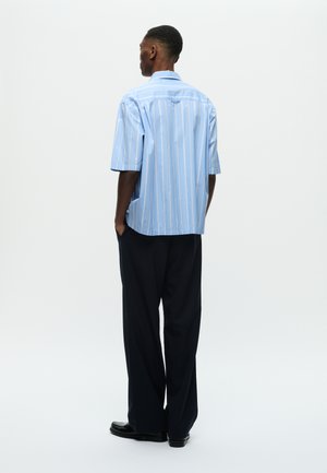 Homme debout les mains dans les poches, portant une chemise rayée bleu clair à manches courtes et un pantalon noir à jambes larges sur fond blanc.