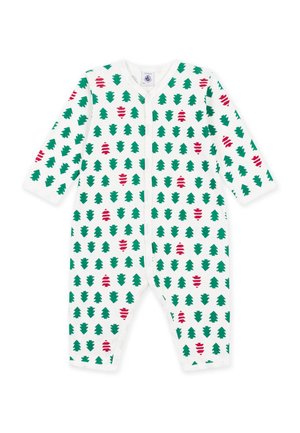 White baby jumpsuit with green and red Christmas tree prints, long sleeves, and front snap closures.
