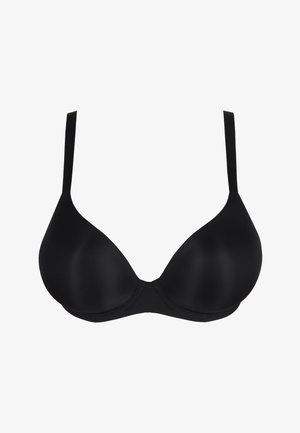 Musta pehmeä rintaliivi, jossa on sileät kupit, säädettävät hihnat ja saumaton muotoilu. Materiaali näyttää pehmeältä ja siinä on matta pinta.