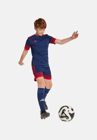 Blauwe en rode sportoutfit met korte mouwen en shorts, met gestreepte accenten. Zwarte voetbalschoenen en blauwgestreepte sokken. Een zwart-wit voetbals.