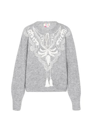 Grå strikket sweater med et hvidt dekorativt design, der har rund hals og snøring med frynser. Blød tekstur og afslappet pasform.