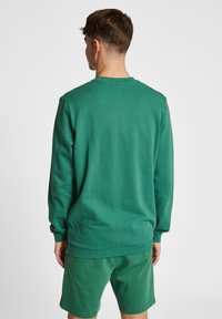 Grön sweatshirt i mjukt tyg, med långa ärmar och rundad halsringning, i kombination med matchande gröna shorts.