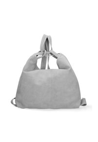 Zaino in suede grigio con una texture morbida, design unico con apertura superiore a forma di taglio e spallacci regolabili. Presenta un ampio scomparto principale.
