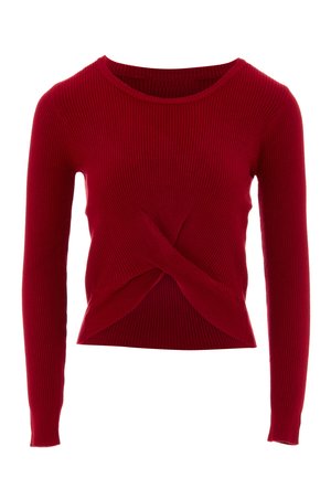 Maglione a coste rosso con maniche lunghe, caratterizzato da un design con davanti attorcigliato e scollo rotondo. Tessuto morbido e silhouette aderente.