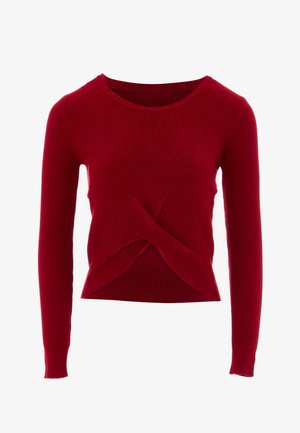 Rød ribstrikket trøje med lange ærmer, der har et snoet frontdesign og en rund halsudskæring. Blød tekstur og tætsiddende silhuet.