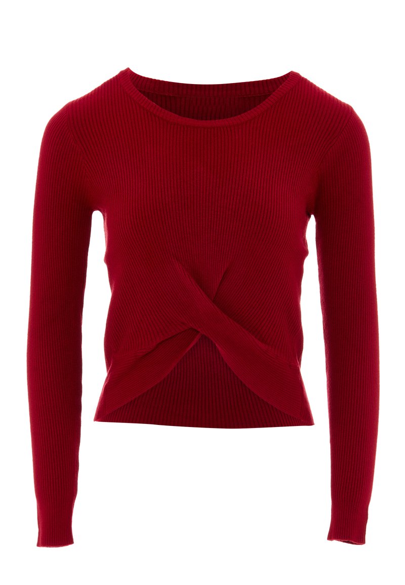 Pulover tricotat roșu cu model cu nervuri, cu mâneci lungi, având un design frontal răsucit și un decolteu rotund. Textură moale și siluetă ajustată.