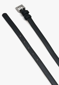 Black leather belt with a smooth texture, rectangular silver-tone buckle, and evenly spaced holes along the strap. Designed for adjustable fit.
