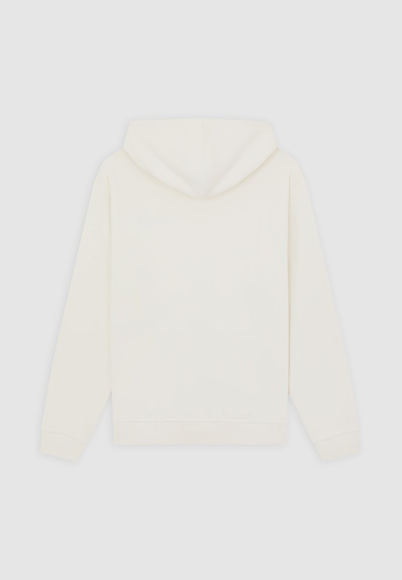 Witte capuchontrui, katoen, lange mouwen, zonder kangoeroezak, eenvoudig ontwerp, zachte textuur, effen zonder patronen of afbeeldingen.