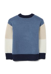 Strickpullover mit einem runden marineblauen Halsausschnitt. Verfügt über blaue, cremige und marineblaue Streifen und zeigt eine weiche Textur sowie eine lässige Passform.