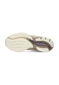 Running shoe outsole featuring a textured rubber pattern with a beige and brown color scheme, designed for traction and support.