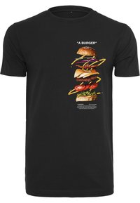 Černé bavlněné tričko s grafikou hromadného burgeru s různými ingrediencemi a textem "BURGER" nad a pod designem.