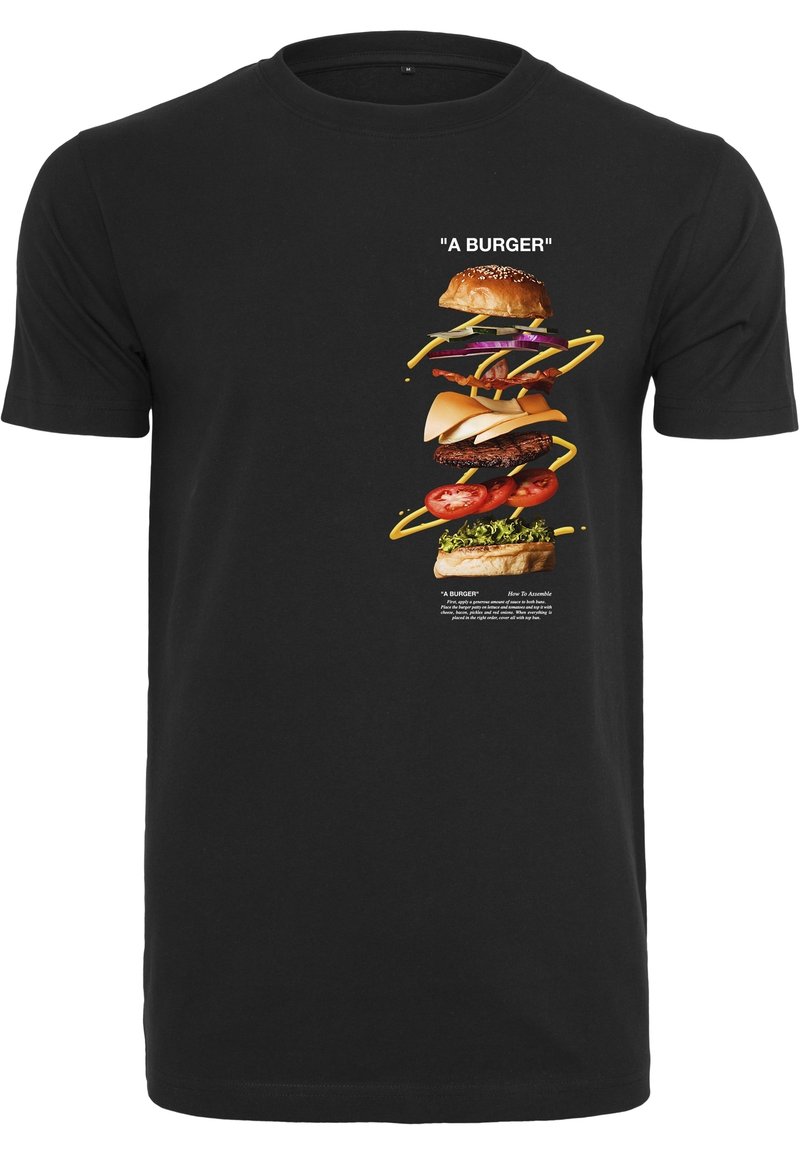 Černé bavlněné tričko s grafikou hromadného burgeru s různými ingrediencemi a textem "BURGER" nad a pod designem.