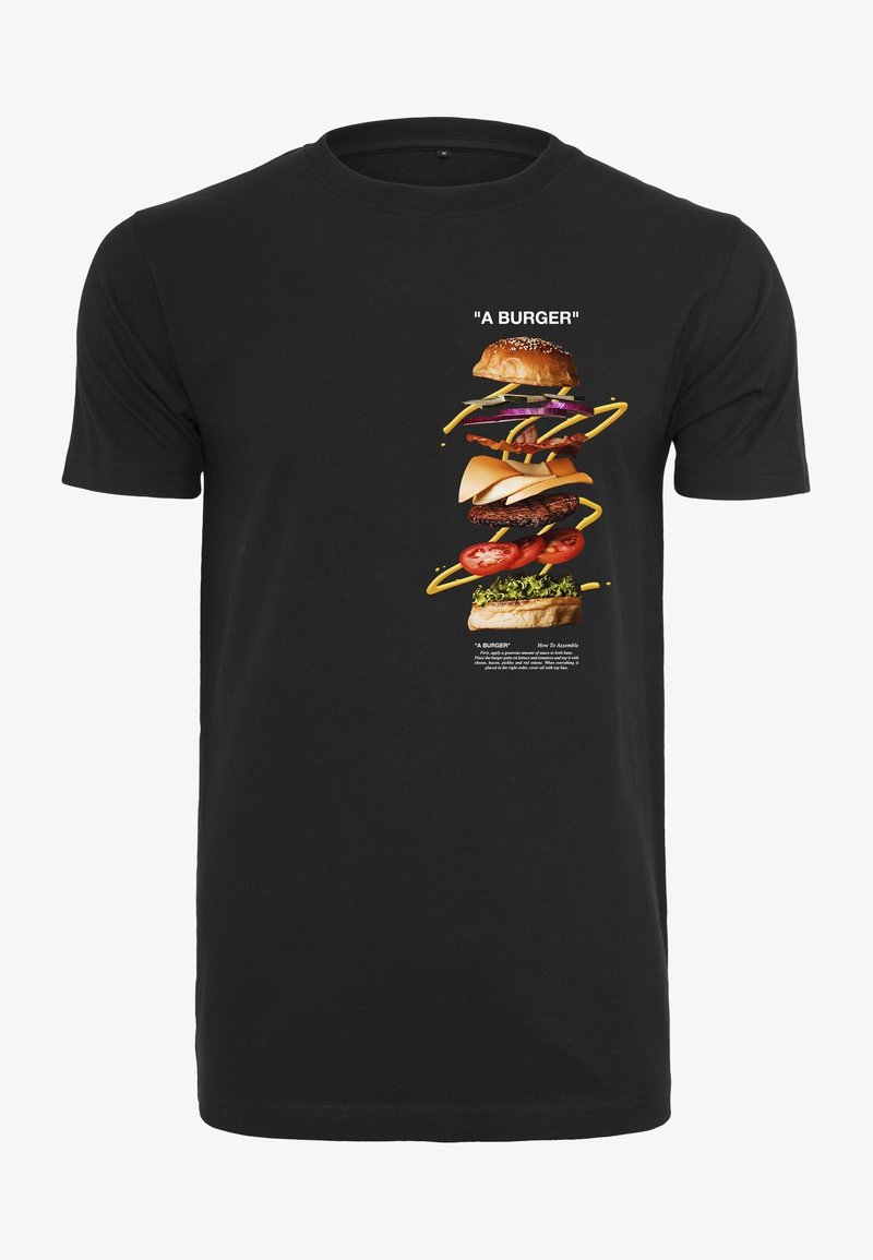 Černé bavlněné tričko s grafikou hromadného burgeru s různými ingrediencemi a textem "BURGER" nad a pod designem.