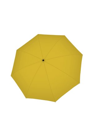 Yellow umbrella viewed from above, fully open with eight visible segments and a black central tip.