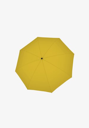 Yellow umbrella viewed from above, fully open with eight visible segments and a black central tip.